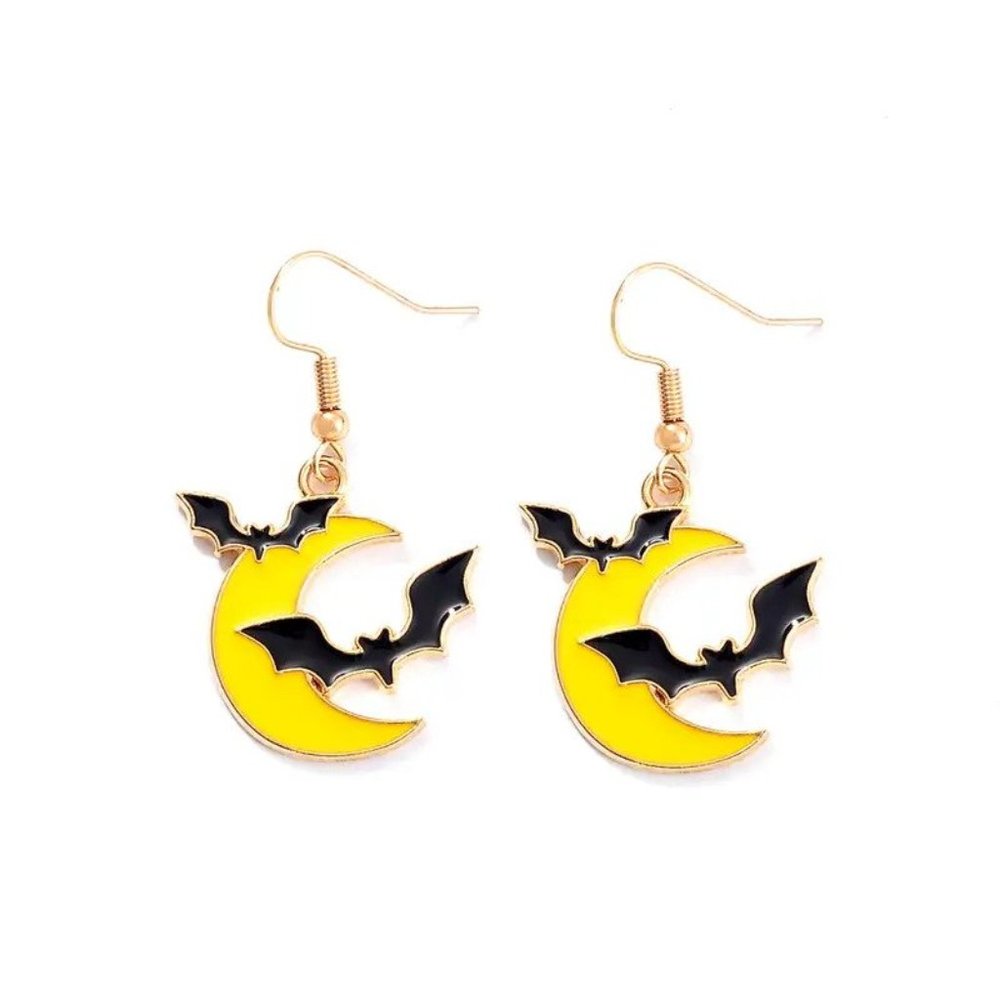 Gold Bats & Moon Halloween Earrings  Crescent Moon 1 1/2"